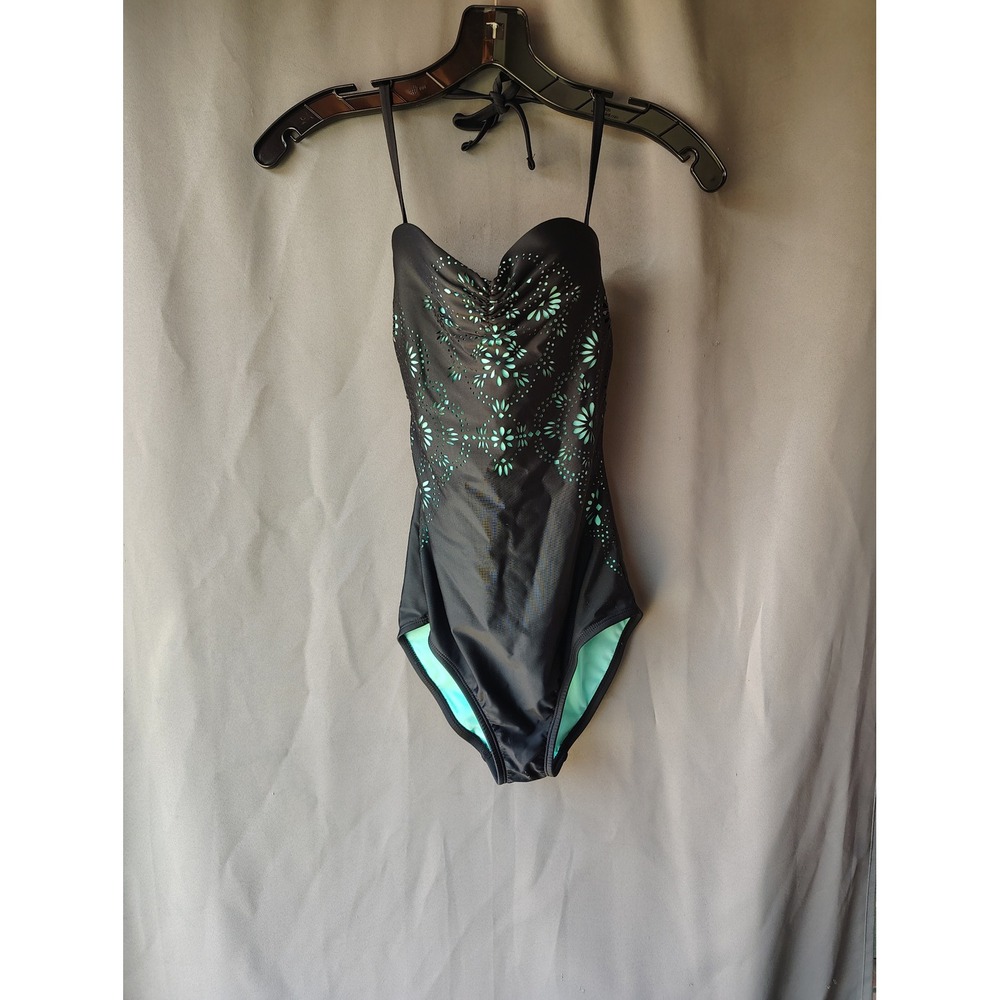 No Boundaries Womens Black Mint Laser Cut Lace Up One Piece Swimsuit Size‎ Small